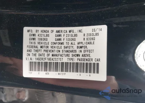 2014 Honda Accord Ex from USA, damaged, VIN 1HGCR2F78EA232707
